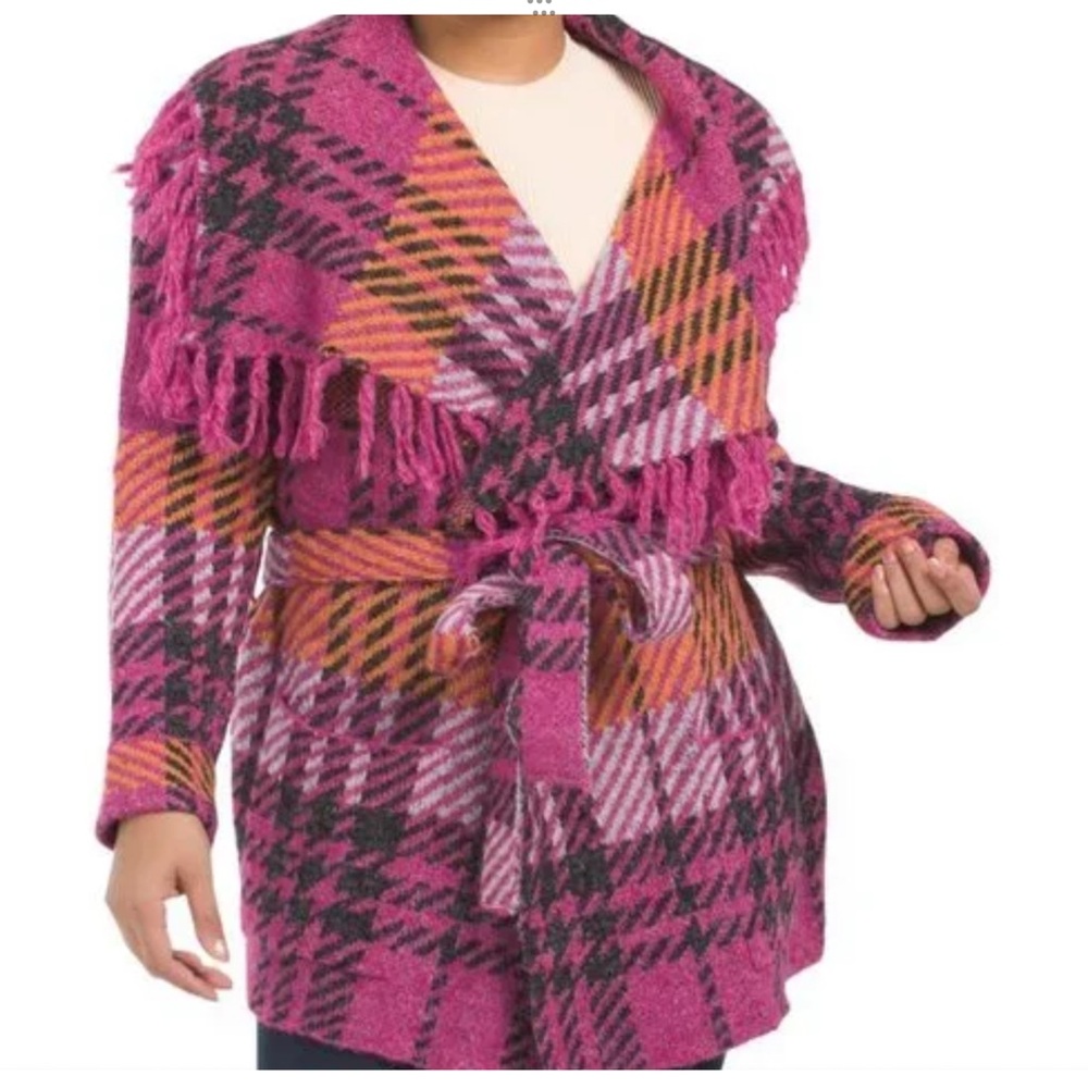 Joseph A. Multicolored Plaid Fringe Open Front Belted Knit Wrap Cardigan Size 1X